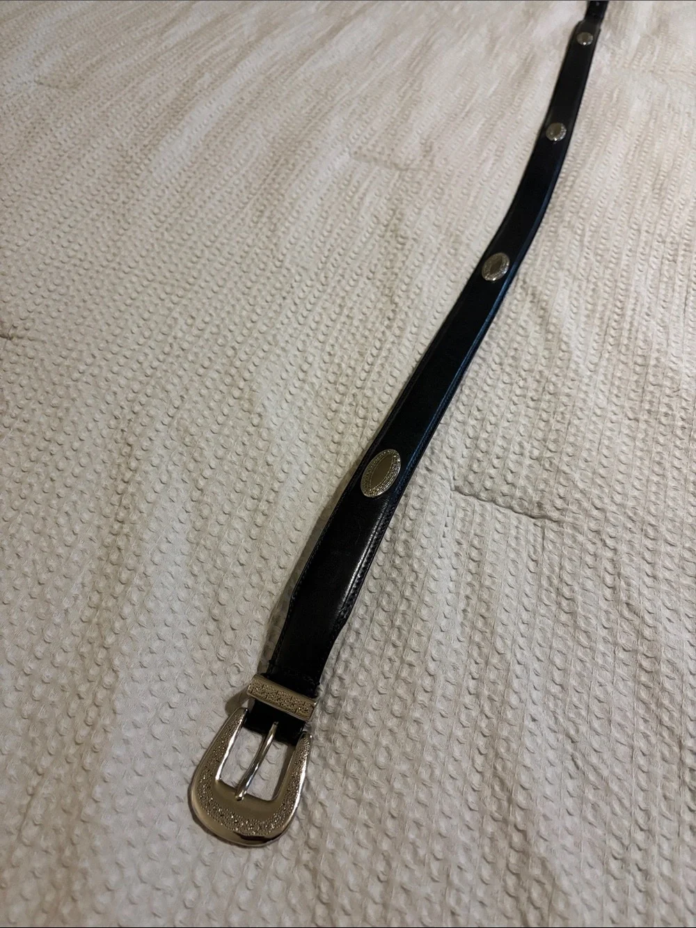 Men's Black Leather Belt with Decorative Silver Accents